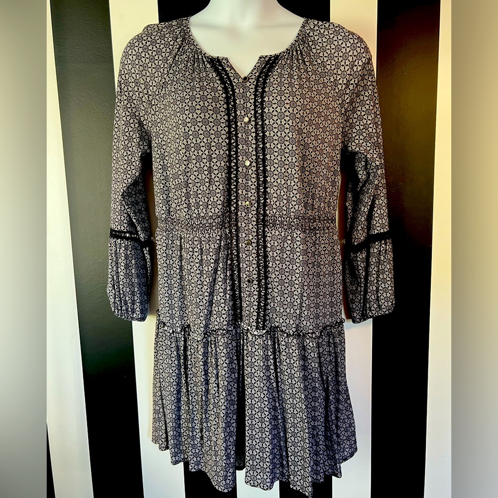 Style & Co. Women's Boho Printed Split-Neck A-Line Dress Lace Detail; Size L